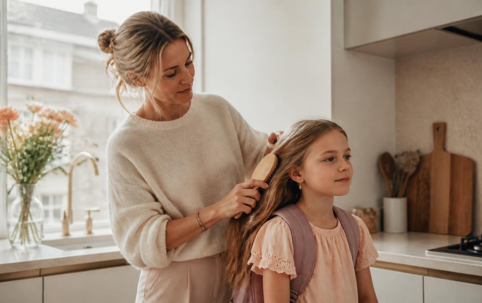 Moeder kamt het haar van haar dochter in een lichte keuken